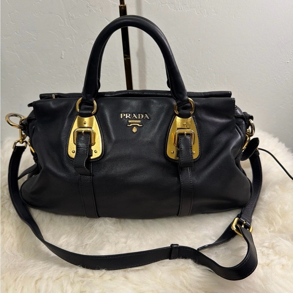 Prada Black Leather Satchel with Gold Accents